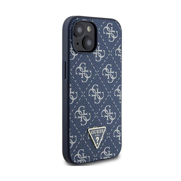 Guess 4G trikampio formos metalinis dėklas su logotipu iPhone 15 Plus / 14 Plus - mėlynas