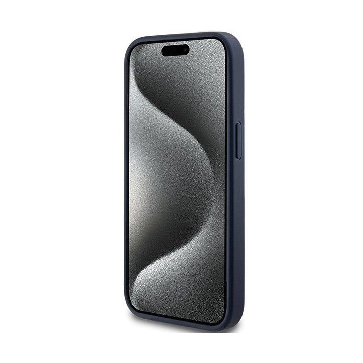 Guess 4G trikampio formos metalinis dėklas su logotipu iPhone 15 Plus / 14 Plus - mėlynas