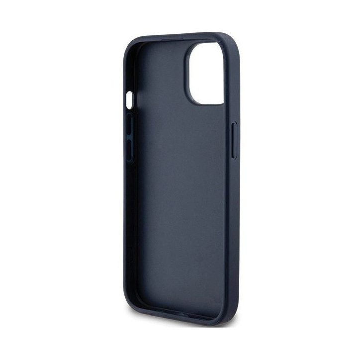 Guess 4G trikampio formos metalinis dėklas su logotipu iPhone 15 Plus / 14 Plus - mėlynas