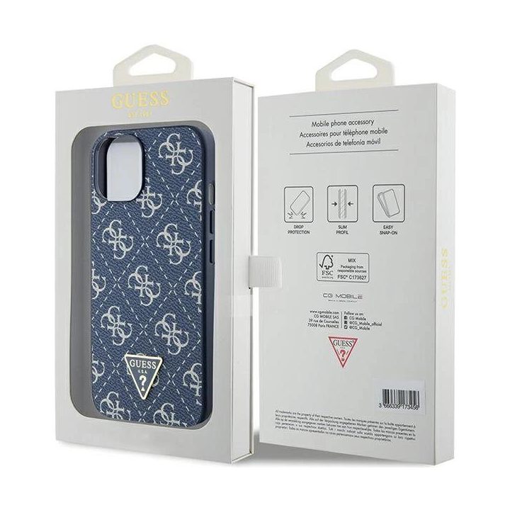 Guess 4G trikampio formos metalinis dėklas su logotipu iPhone 15 Plus / 14 Plus - mėlynas