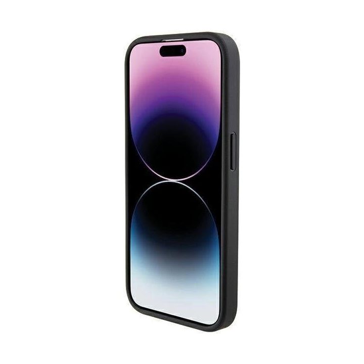 Ferrari Grip Stand metalinis dėklas su logotipu iPhone 15 Pro - juodas