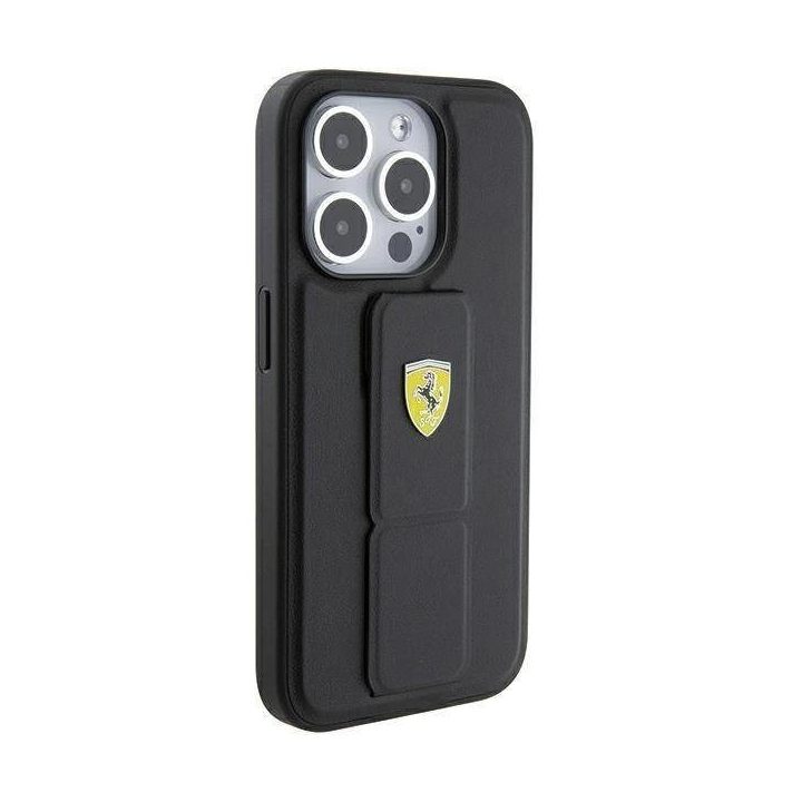Ferrari Grip Stand metalinis dėklas su logotipu iPhone 15 Pro - juodas