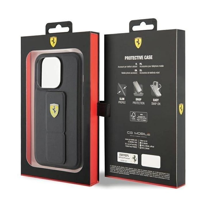 Ferrari Grip Stand metalinis dėklas su logotipu iPhone 15 Pro - juodas