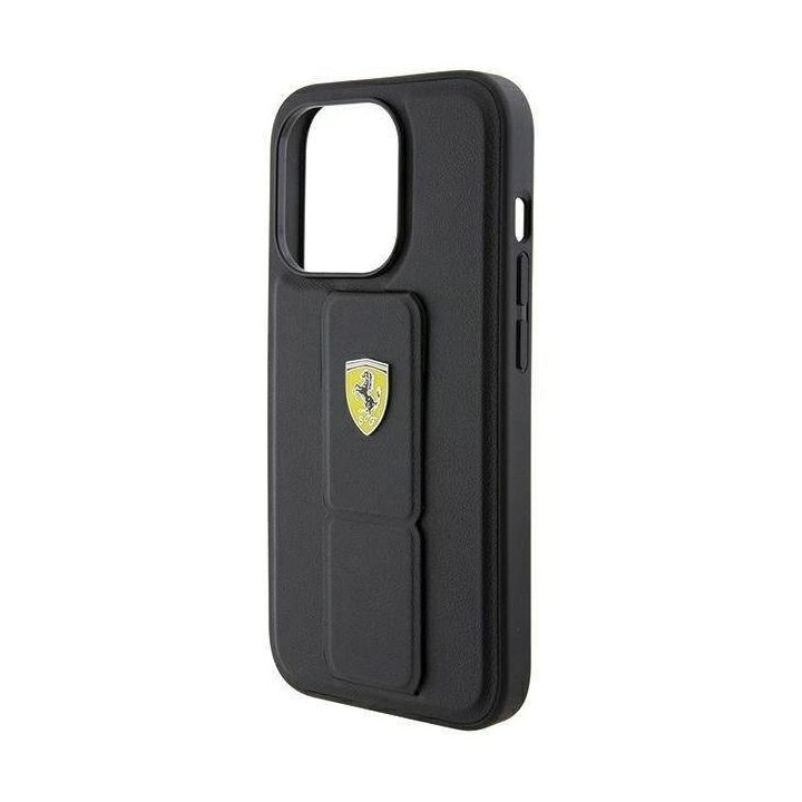 Ferrari Grip Stand metalinis dėklas su logotipu iPhone 15 Pro - juodas