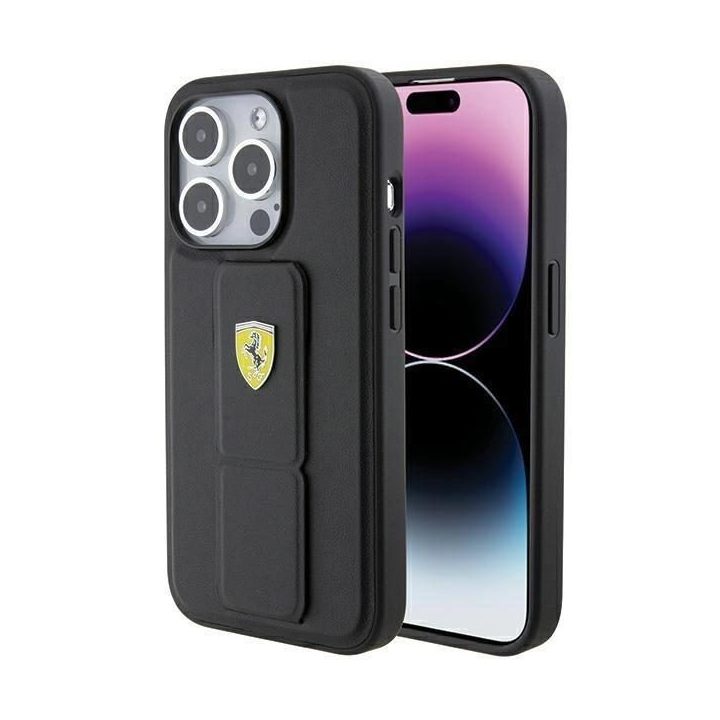 Ferrari Grip Stand metalinis dėklas su logotipu iPhone 15 Pro - juodas
