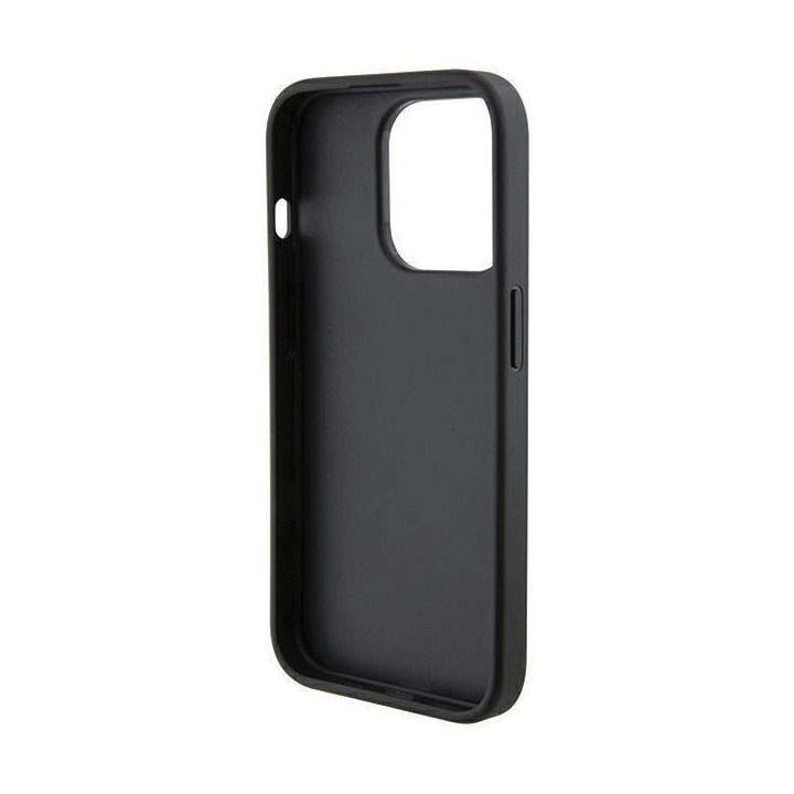 Ferrari Grip Stand metalinis dėklas su logotipu iPhone 15 Pro - juodas