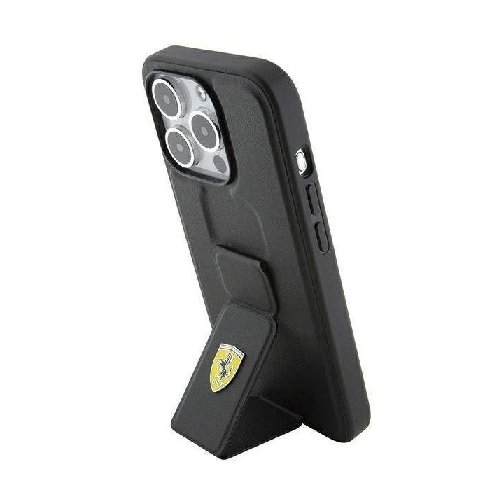 Ferrari Grip Stand metalinis dėklas su logotipu iPhone 15 Pro - juodas