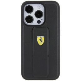 Ferrari Grip Stand metalinis dėklas su logotipu iPhone 15 - juodas