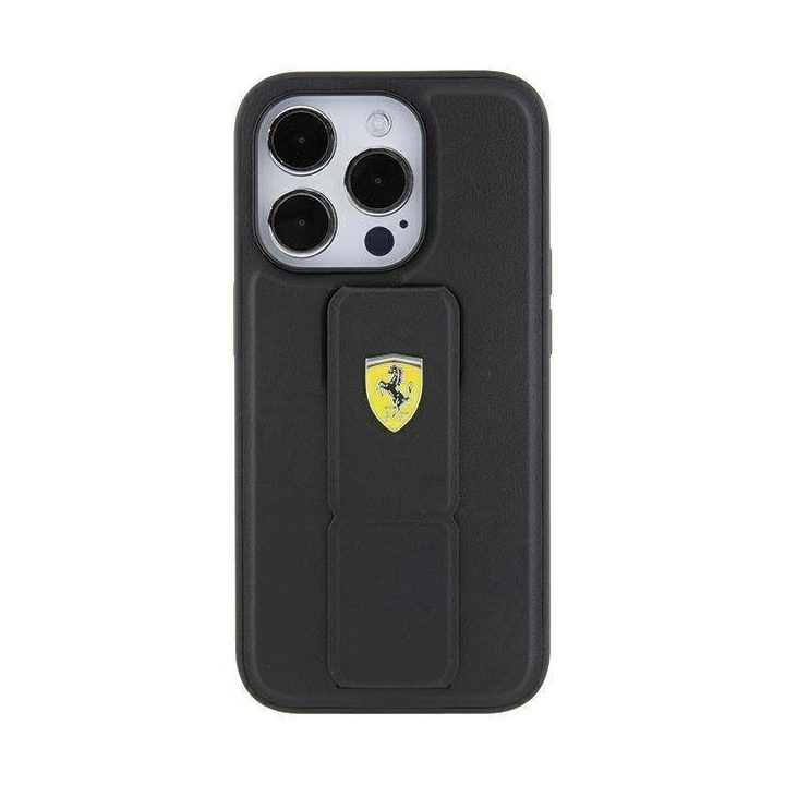 Ferrari Grip Stand metalinis dėklas su logotipu iPhone 15 Pro Max - juodas