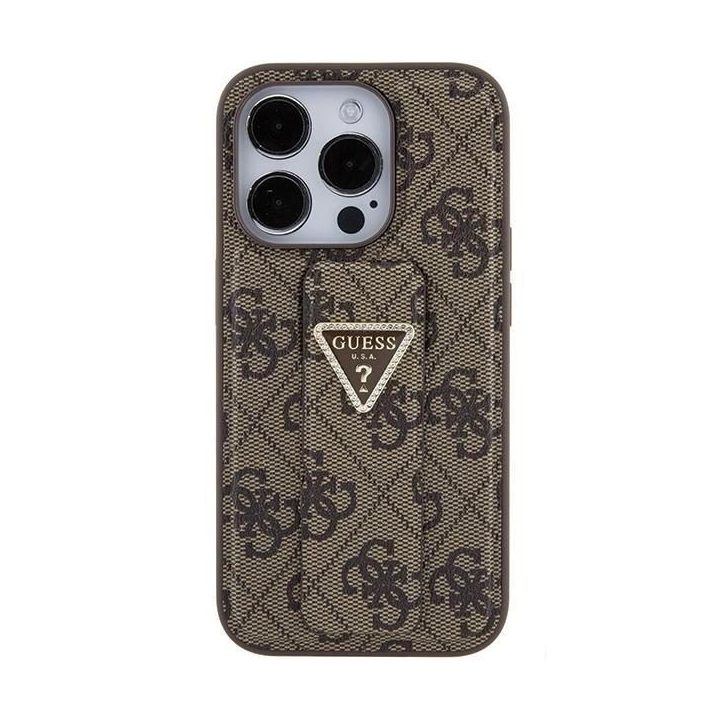 Guess Grip Stand 4G Triangle Strass dėklas iPhone 15 Pro - rudas