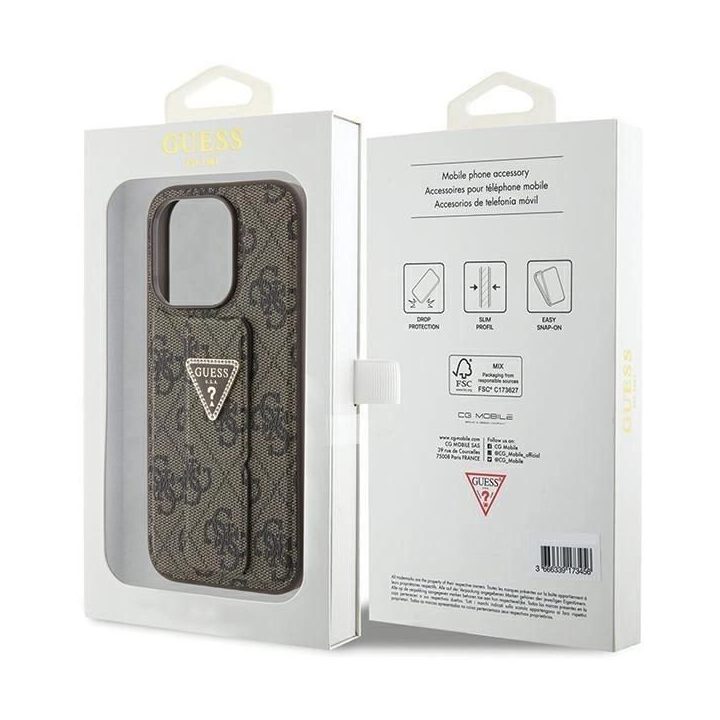 Guess Grip Stand 4G Triangle Strass dėklas iPhone 15 Pro - rudas