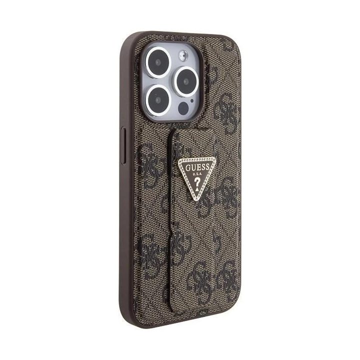 Guess Grip Stand 4G Triangle Strass dėklas iPhone 15 Pro - rudas