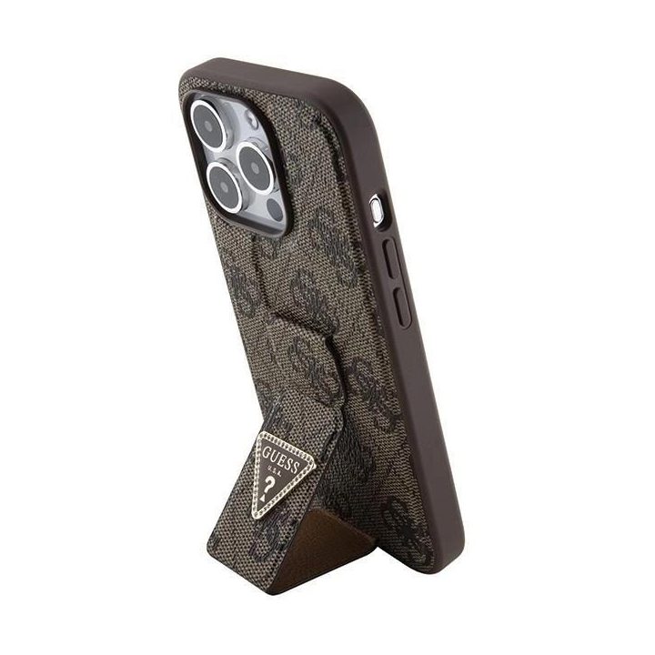 Guess Grip Stand 4G Triangle Strass dėklas iPhone 15 Pro - rudas