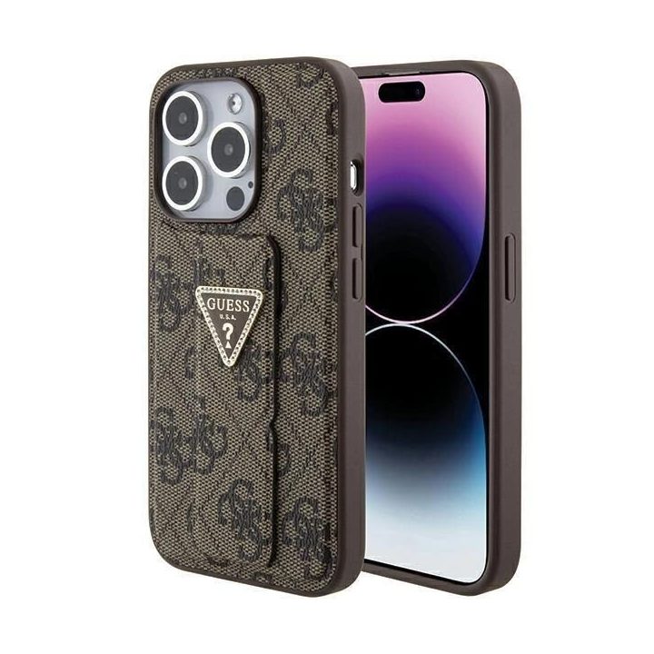 Guess Grip Stand 4G Triangle Strass dėklas iPhone 15 Pro - rudas
