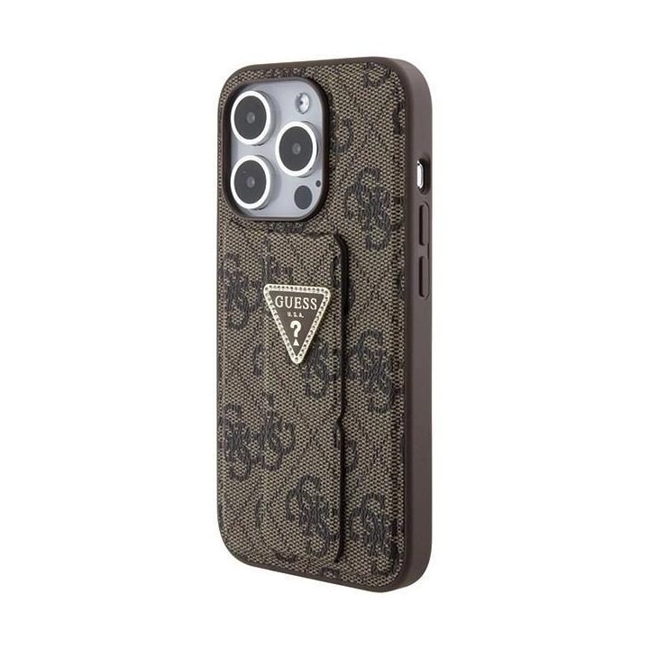 Guess Grip Stand 4G Triangle Strass dėklas iPhone 15 Pro - rudas