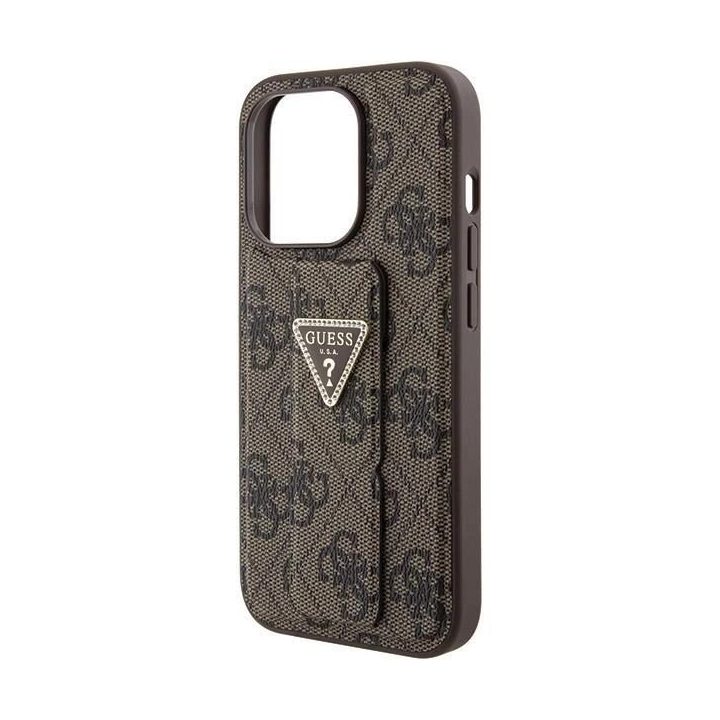 Guess Grip Stand 4G Triangle Strass dėklas iPhone 15 Pro - rudas