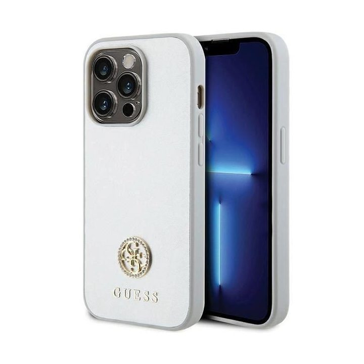Guess Strass metalinis dėklas su logotipu iPhone 15 Pro - sidabrinis