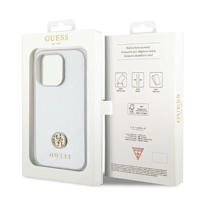 Guess Strass metalinis dėklas su logotipu iPhone 15 Pro - sidabrinis