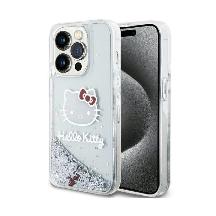 Hello Kitty Liquid Glitter Charms Kitty Head dėklas iPhone 14 Pro - sidabrinis