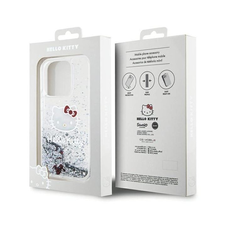 Hello Kitty Liquid Glitter Charms Kitty Head dėklas iPhone 14 Pro - sidabrinis
