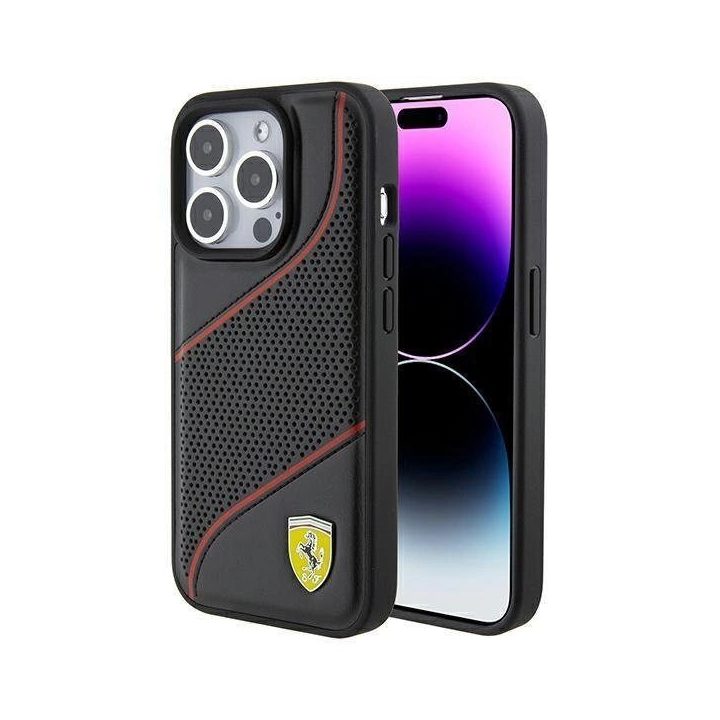 Ferrari metalinis dėklas su perforuotu Waves logotipu iPhone 15 Pro - juodas
