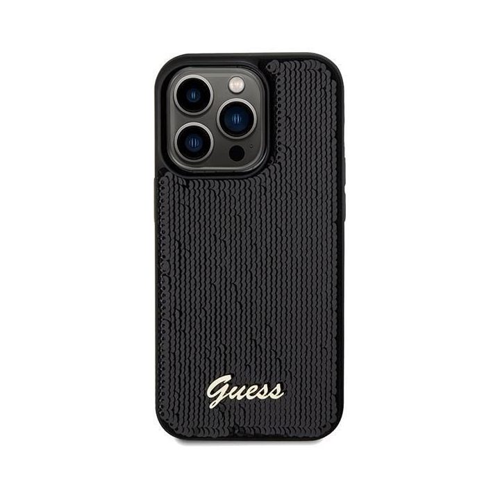 Guess Sequin Script Metalinis dėklas iPhone 14 Pro - juodas
