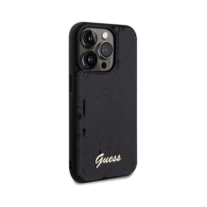 Guess Sequin Script Metalinis dėklas iPhone 14 Pro - juodas