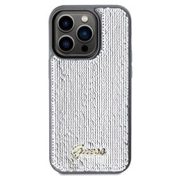 Guess Sequin Script metalinis dėklas iPhone 14 Pro - sidabrinis