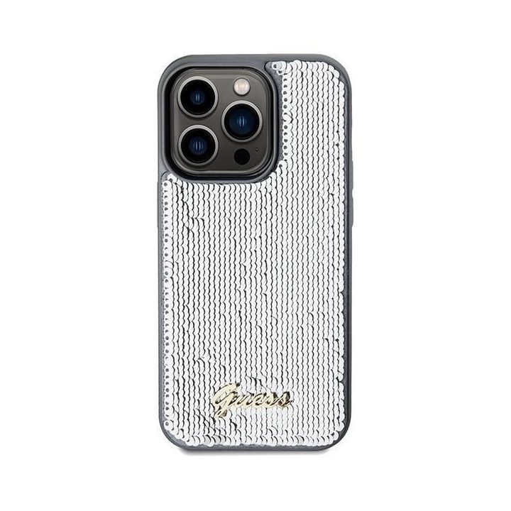 Guess Sequin Script metalinis dėklas iPhone 14 Pro - sidabrinis