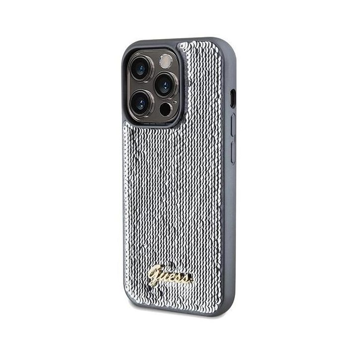 Guess Sequin Script metalinis dėklas iPhone 14 Pro - sidabrinis