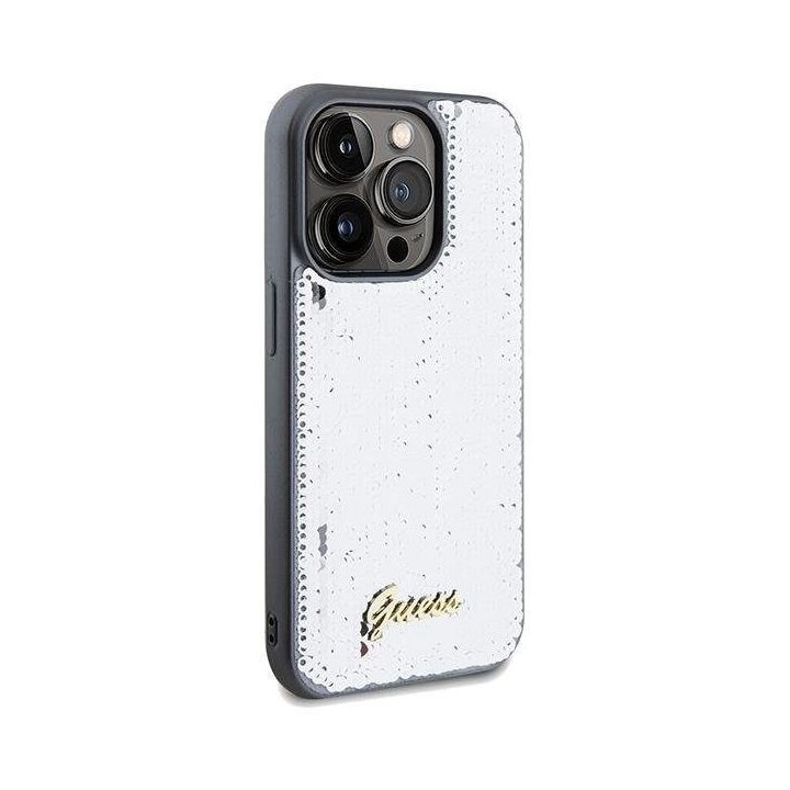 Guess Sequin Script metalinis dėklas iPhone 14 Pro - sidabrinis