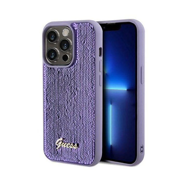Guess Sequin Script metalinis dėklas iPhone 14 Pro - violetinis