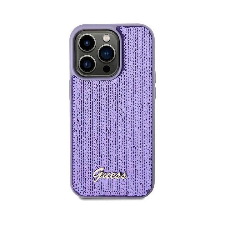 Guess Sequin Script metalinis dėklas iPhone 14 Pro - violetinis