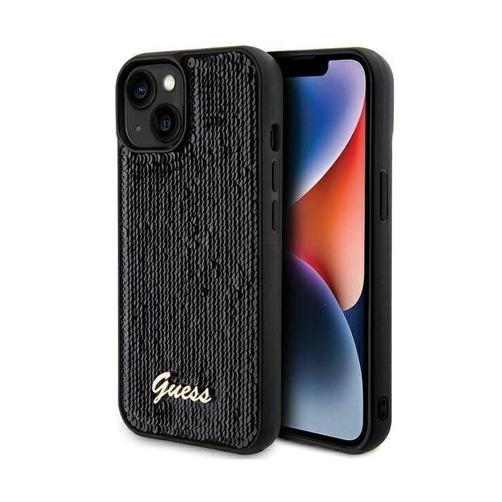Guess Sequin Script Metalinis dėklas iPhone 14 / 15 / 13 - juodas