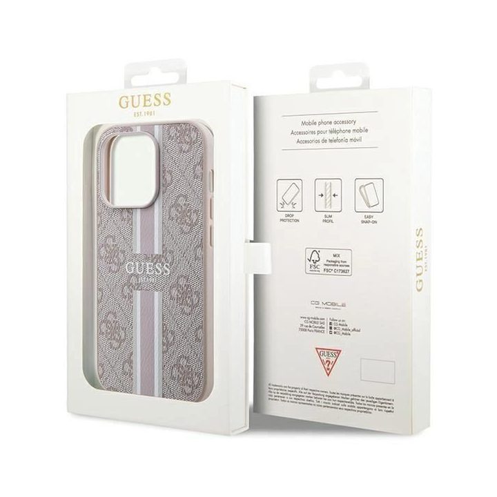 Guess 4G Printed Stripes MagSafe dėklas iPhone 15 Pro - rožinis