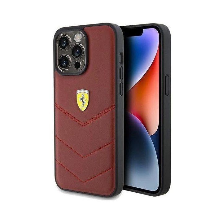 iPhone 15 Pro Max - raudonas Ferrari odinis dygsniuotų linijų dėklas