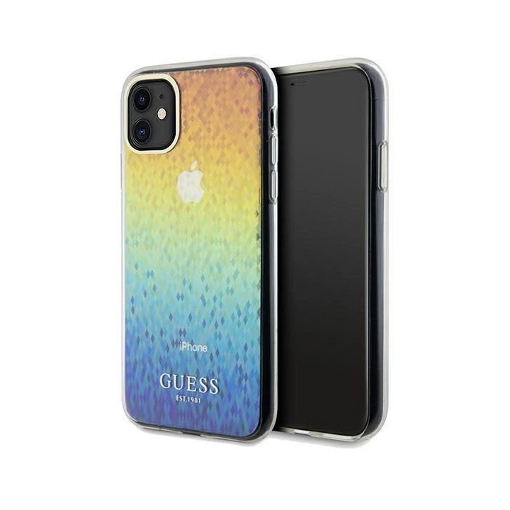 iPhone 11 / Xr - įvairiaspalvis Guess IML Faceted Mirror Disco Iridescent dėklas