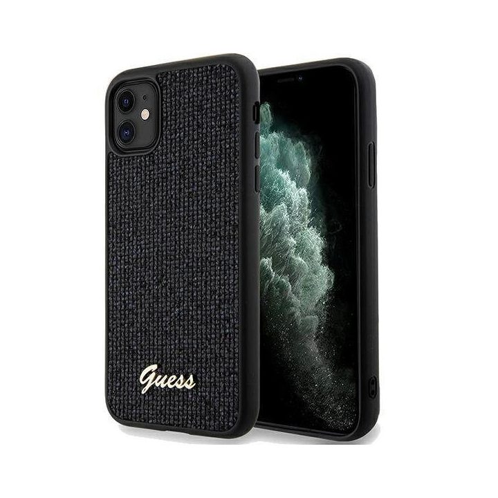 iPhone 11 / Xr - juodas Guess Disco Metal Script dėklas