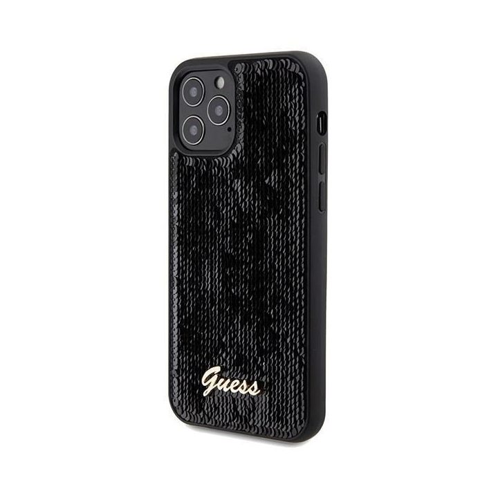 iPhone 12/12 Pro - juodas Guess Sequin Script Metalinis dėklas