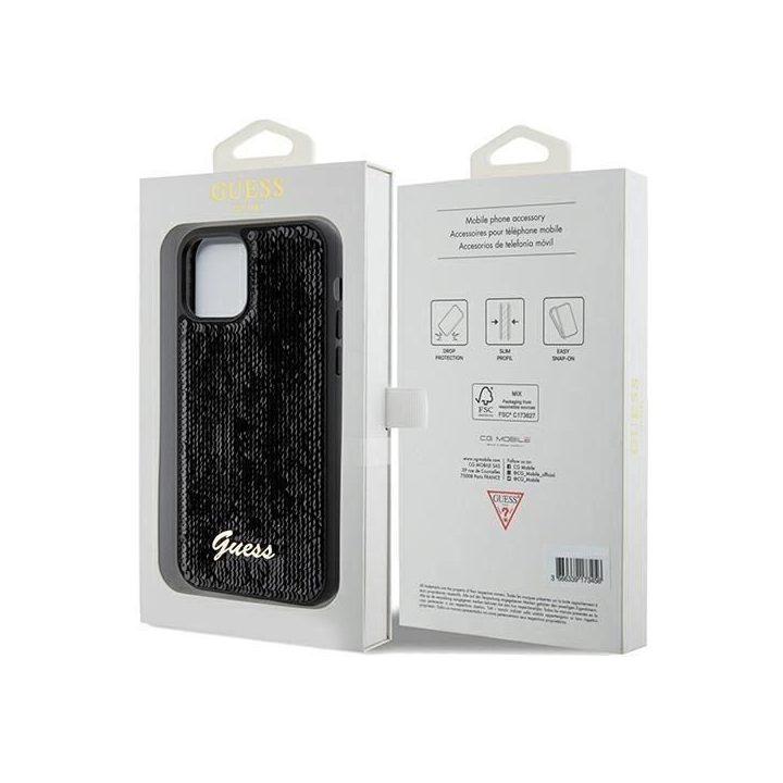 iPhone 12/12 Pro - juodas Guess Sequin Script Metalinis dėklas