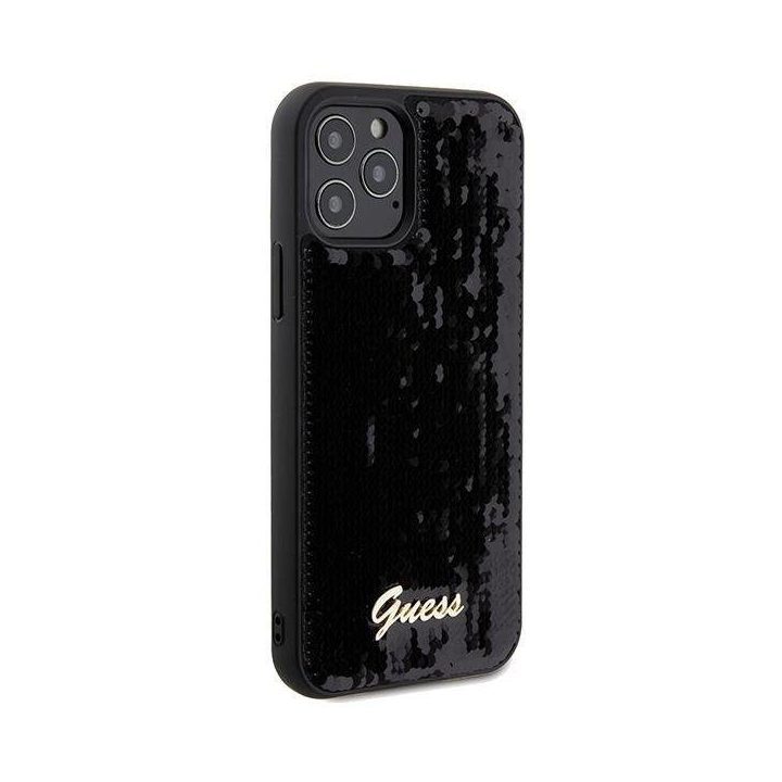 iPhone 12/12 Pro - juodas Guess Sequin Script Metalinis dėklas