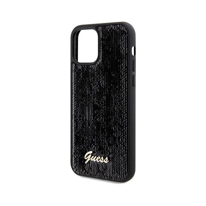 iPhone 12/12 Pro - juodas Guess Sequin Script Metalinis dėklas