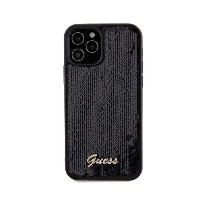 iPhone 12/12 Pro - juodas Guess Sequin Script Metalinis dėklas
