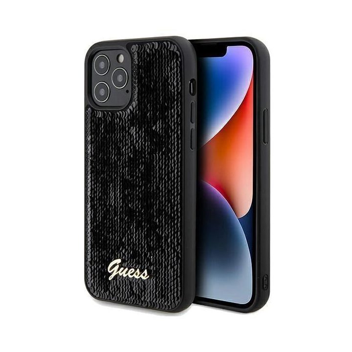 iPhone 12/12 Pro - juodas Guess Sequin Script Metalinis dėklas