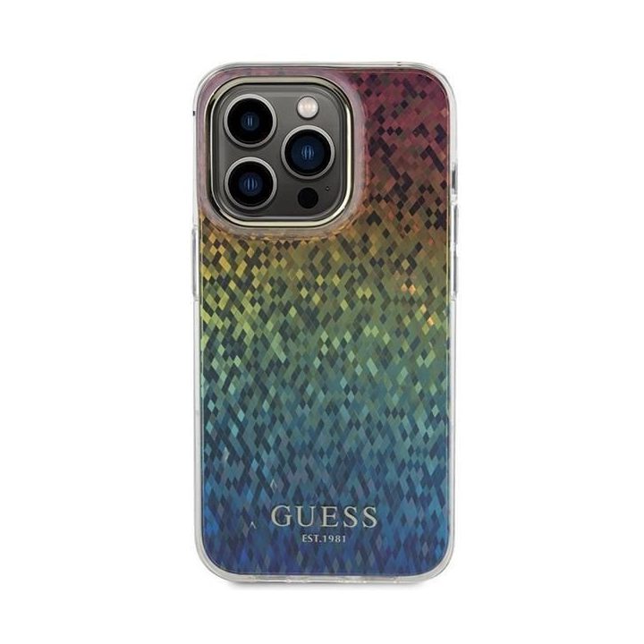 iPhone 14 Pro - įvairiaspalvis Guess IML Faceted Mirror Disco Iridescent dėklas