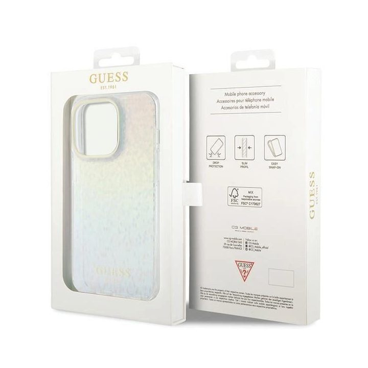 iPhone 14 Pro - įvairiaspalvis Guess IML Faceted Mirror Disco Iridescent dėklas
