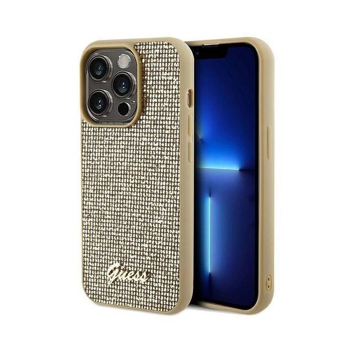 iPhone 14 Pro - auksinis Guess Disco Metal Script dėklas