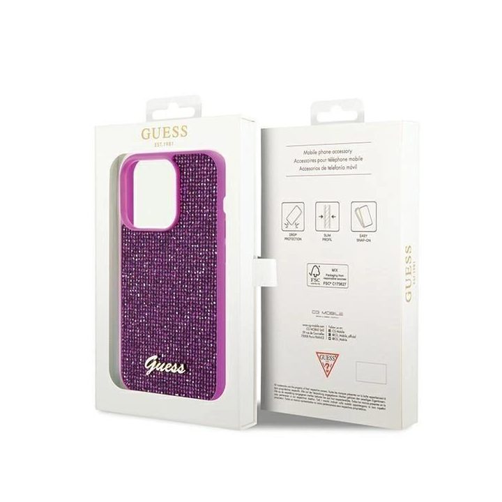 iPhone 14 Pro - fuksija Guess Disco Metal Script dėklas