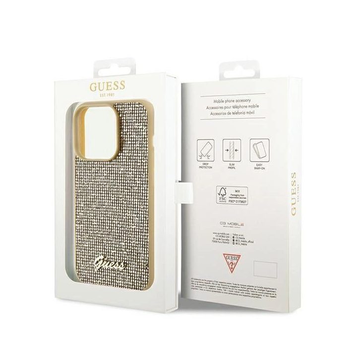 Guess Disco Metal Script dėklas iPhone 14 Pro Max - auksinis