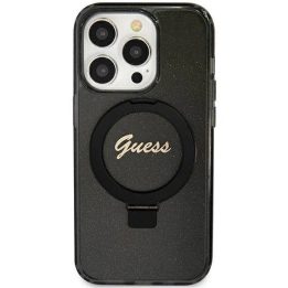 iPhone 11 / Xr - juodas Guess Ring Stand Script Glitter MagSafe dėklas